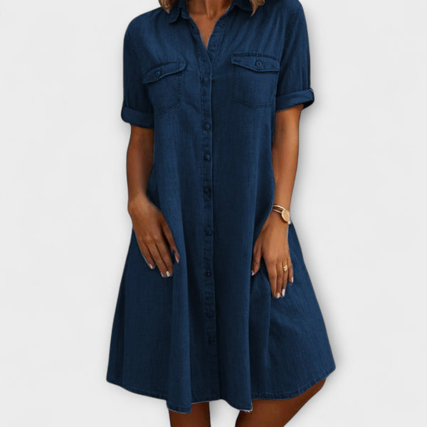 Kleid Kurze Ärmel Kragen Einfarbig Knopf
