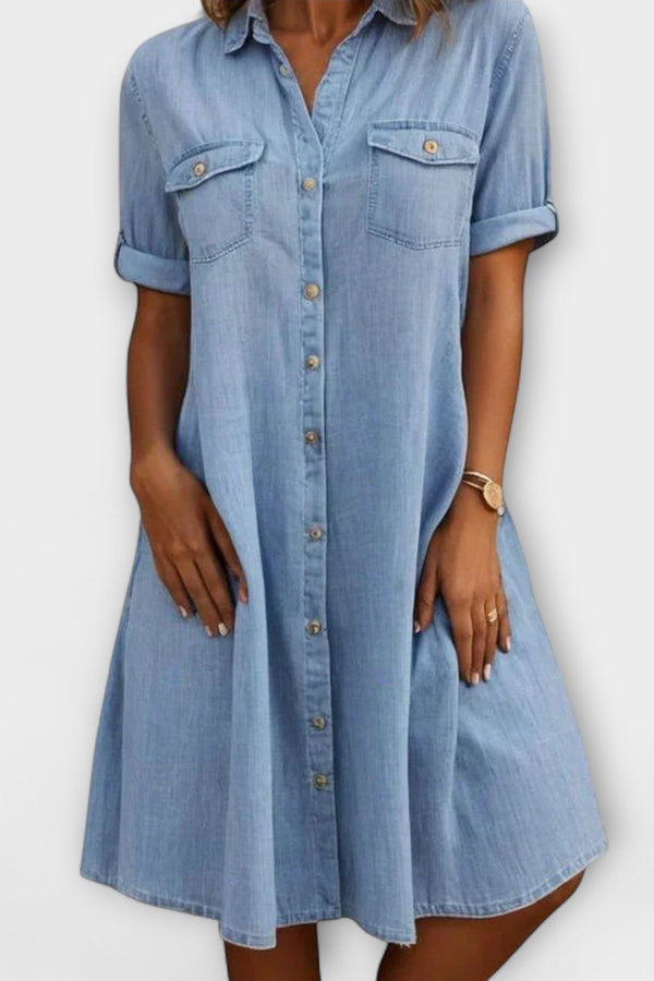 Kleid Kurze Ärmel Kragen Einfarbig Knopf