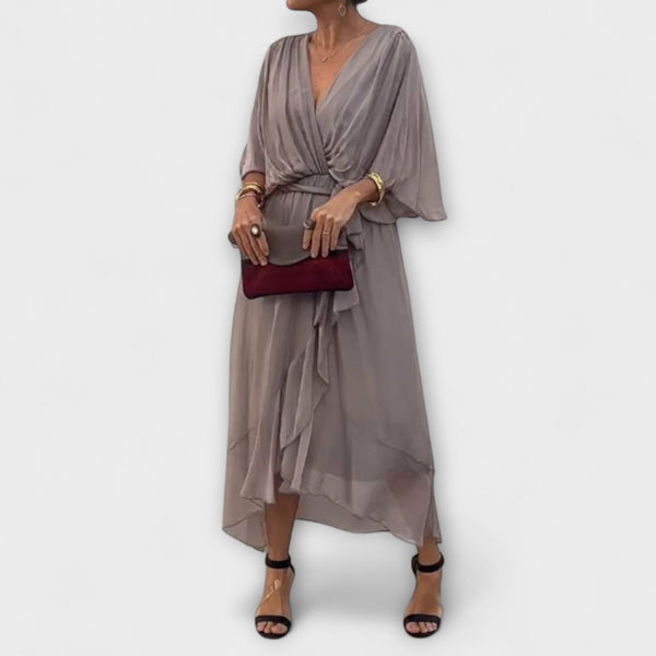 Fließendes Damen Midikleid mit V-Ausschnitt und Taillengürtel