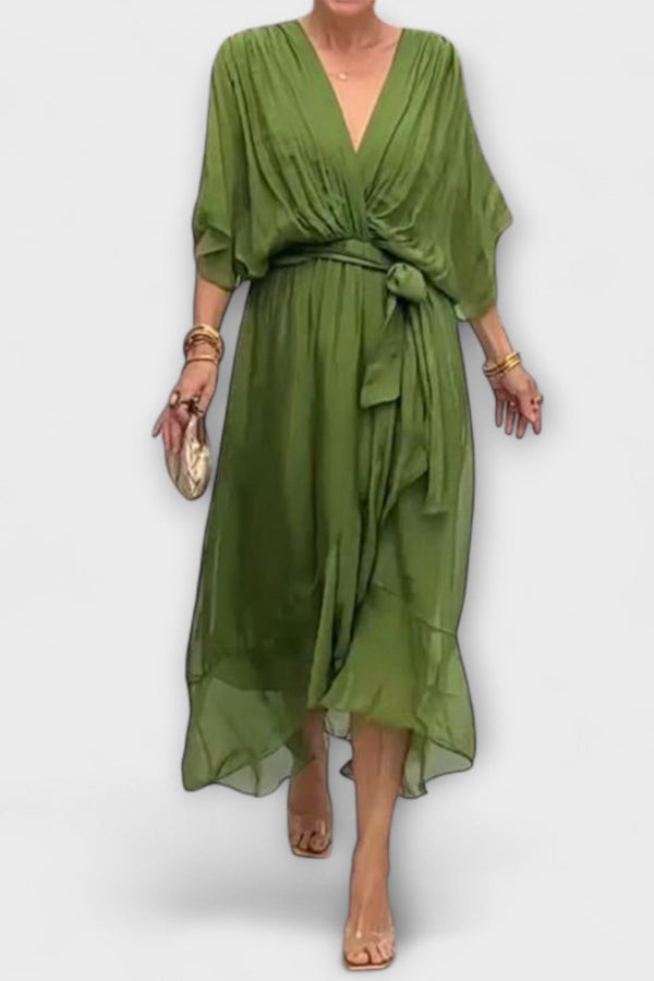 Fließendes Damen Midikleid mit V-Ausschnitt und Taillengürtel