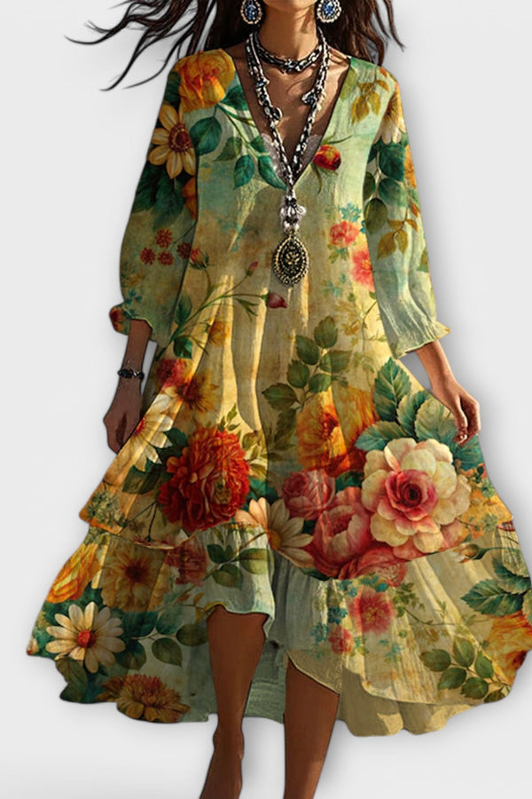 Marina - Vintage Boho Blumenmuster V-Ausschnitt Kleid